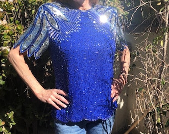 Top Vintage Laurence Kazar - Noir à Paillettes, Soie Et Polyester - Taille S