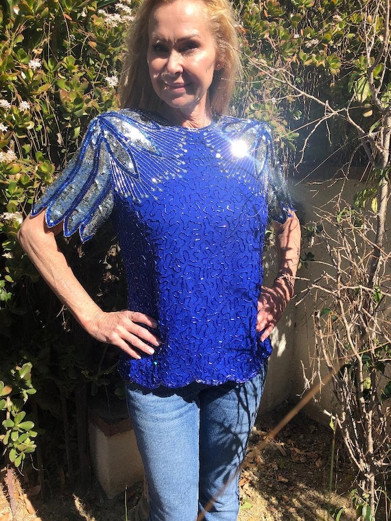 Laurence Kazar, Beaded top,Sequin top,blue,Silver,