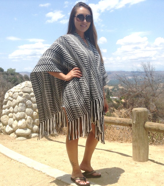 Knit Shawl ,Wrap,Black White Fringed - image 3