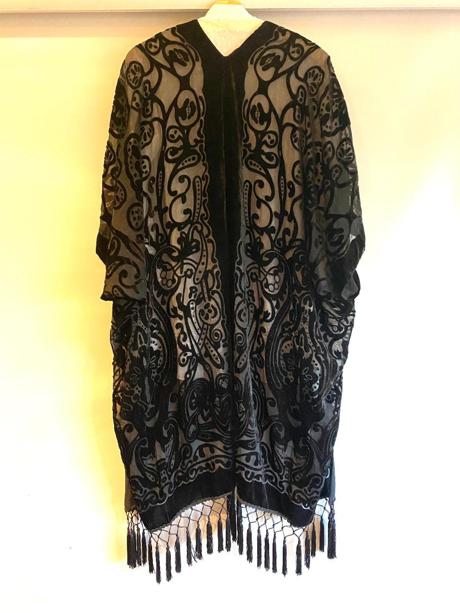 Beautiful Black Velvet Kimono Semi Sheer Burn Out Fringed - Etsy