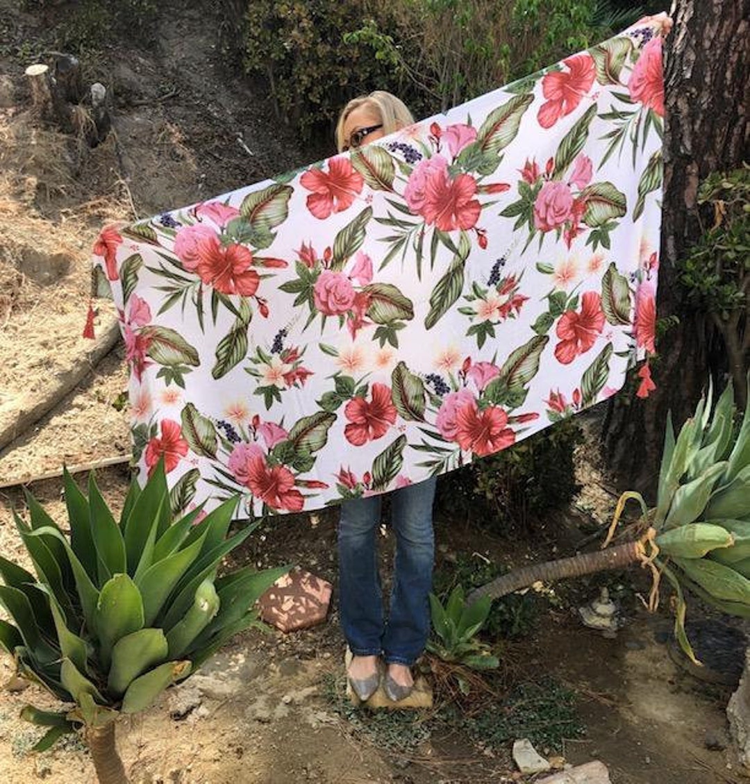 Large Scarf, Wrap,shawl,hibiscus Flowers, Roses,green,white