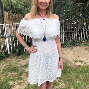 Lace Boho dress,white, semi sheer,Lace dress,White Lace dress