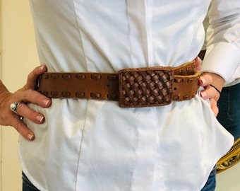 Brown leather belt, removable buckle, woven leather