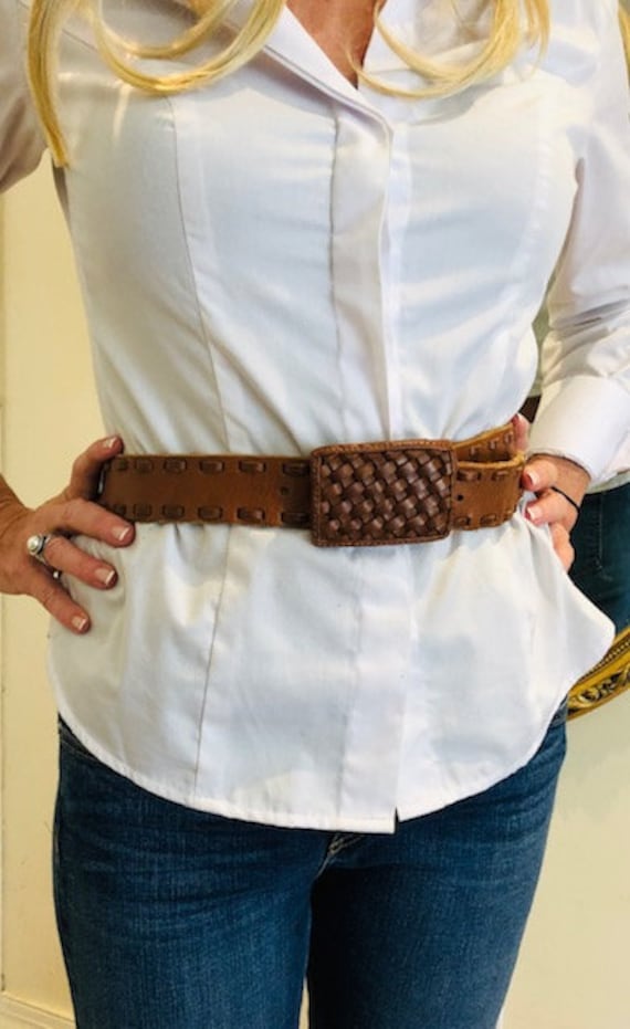 Brown leather belt, removable buckle, woven leath… - image 1
