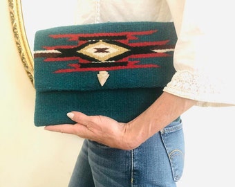 Turquoise wool Clutch purse, South western,Indian, Flint stone arrowhead