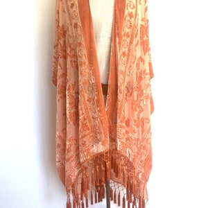 Peach Velvet Kimono Semi Sheer, Burn out, with added vintage Cat Brooch, Roses, Flowers, Fringed