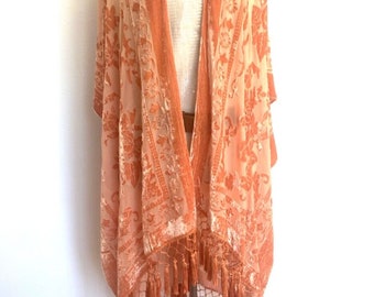 Peach Velvet Kimono Semi Sheer, Burn out, with added vintage Dragonfly Brooch, Roses, Flowers, Fringed