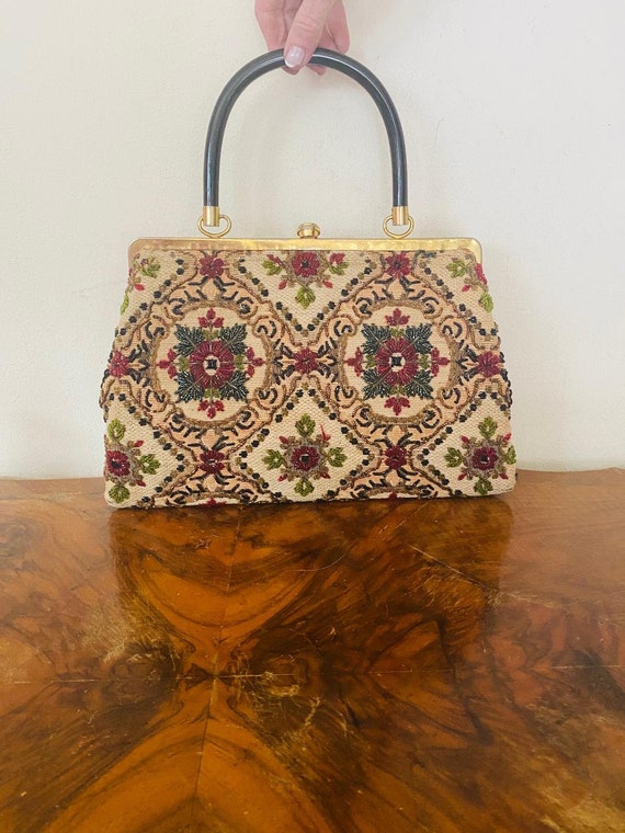 Gorgeous beaded Purse, Lucite handle, 1950s 1960s,