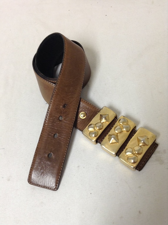 Brown Leather Belt, Fancy Gold Tone Buckle, small,28" ,30"