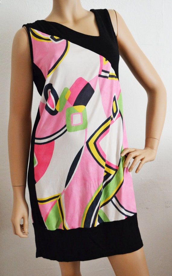 Vintage Geometric Dress, Black ,Pink , Dress , Med