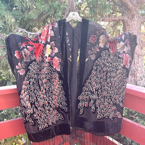 Red and Black velvet, peacock kimono, Burnout Kimono, night, dress, bathrobe, black, silver, Handmade