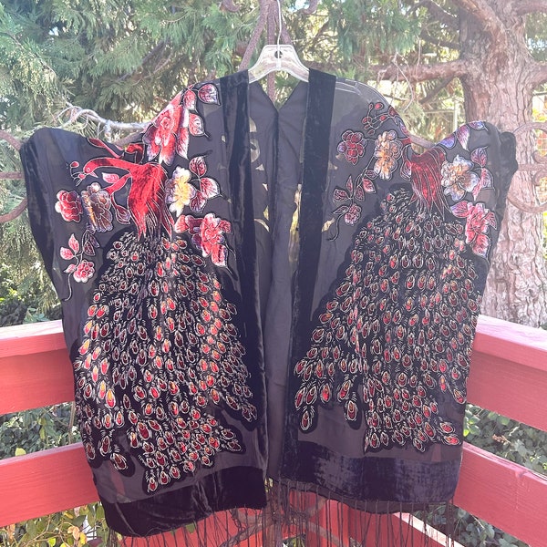 Red and Black velvet, peacock kimono, Burnout Kimono, night, dress, bathrobe, black, silver, Handmade