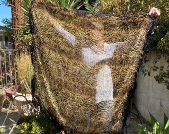 Large, Semi Sheer amber, Gold, Black, Shawl, Fringed, Piano scarf