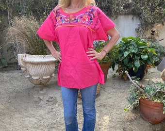 Bestickte Bluse, mexikanische Bluse, XL, Xlarge, BoHo, Bluse, Oaxaca, lila, grün, pink, Indianer, Hupil