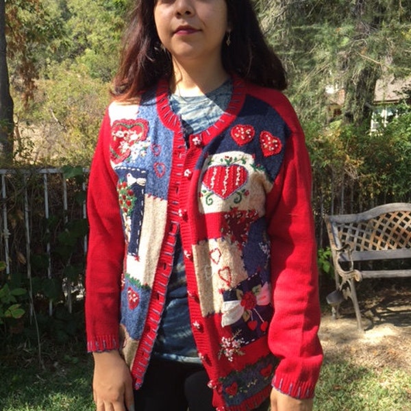 Heirloom, ugly Christmas sweater, cardigan sweater, embroidered beaded, hearts, birds, red, blue, size medium