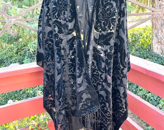 Kimono en velours noir, kimono dévoré, nuit, robe, peignoir, noir, Devore, peignoir en velours, fait main