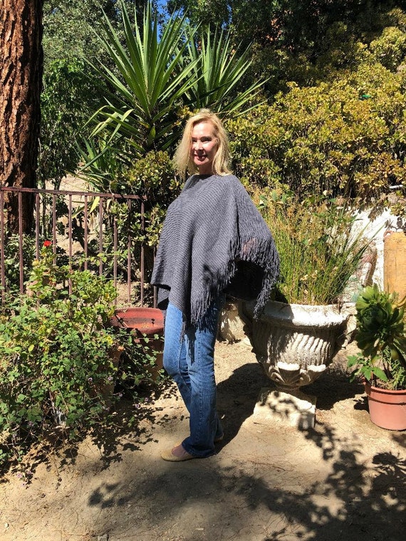 Gray Knit Poncho, Fringed ,With Sequin - image 1