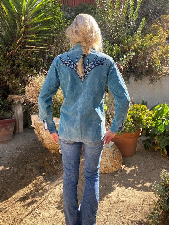 Bob Mackie Embroidered Blue suede Leather jacket,… - image 3
