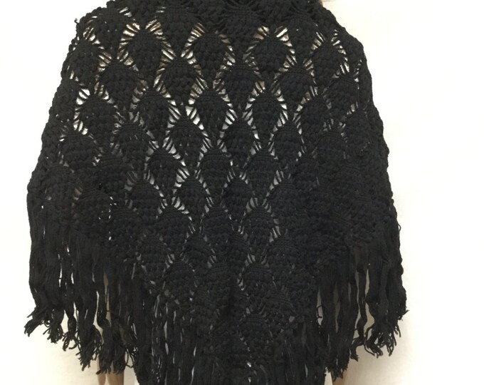 Black Knit Shawl Fringed Wrap Etsy