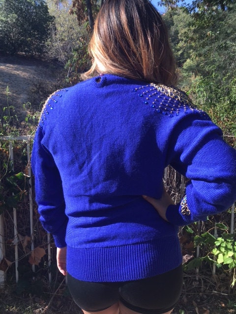 Royal Blue Knit Sweater Beaded Sweater nwt 1980s Priscilla Pull