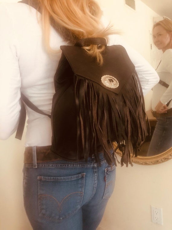 Backpack bag,Brown leather backpack, fringed backp