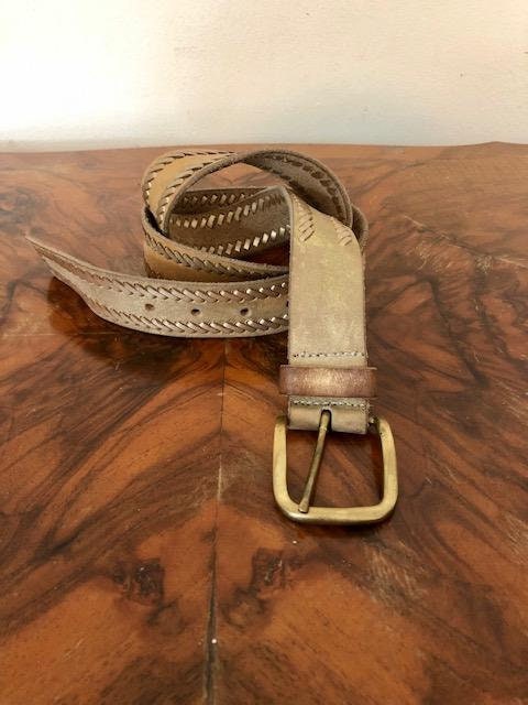 Nine West,gold Leather Belt,whip Stitch, Brass Buckle, 31  Trinity Solid Brass with Wood inlay detail Buckle with whip stitch leather belt main image 0
