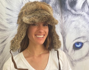 Bomber Fur hat, Quilted, with ear muffs, Rabbit Fur, Hat, Cap, Brown, Vintage fur, Aviator, Trapper, Pom Poms , Small