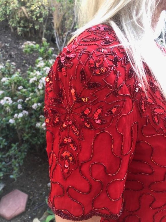 Red Beaded top,Sequin Top, Formal Blouse, Large - image 3