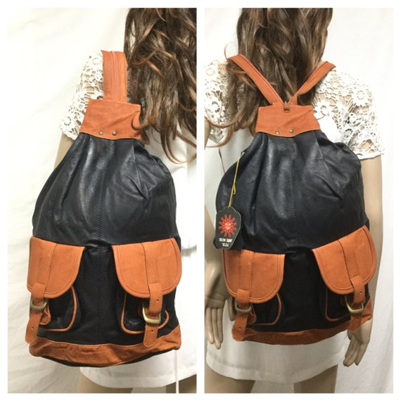 Backpack bag, Black, Leather ,Backpack ,Brown Tri… - image 1