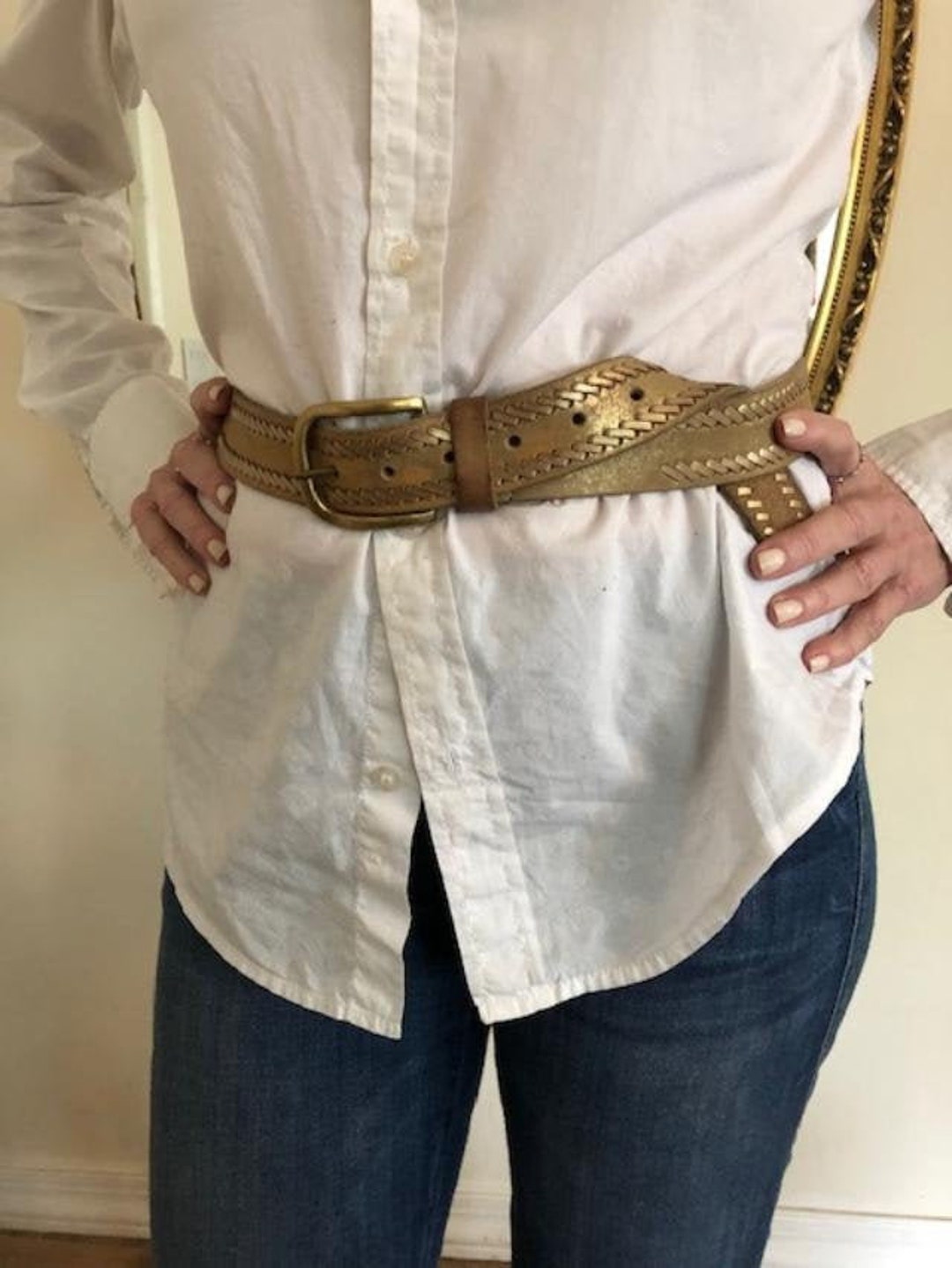 Nine West,gold Leather Belt,whip Stitch, Brass Buckle, 31  display picture 3