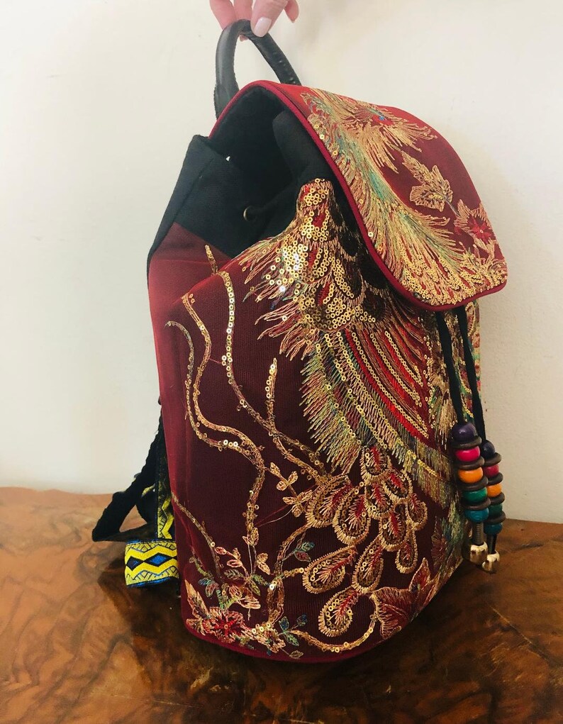 Red Backpack Backpack Bag Beaded cinch Peacock bird design,Gold Sequin