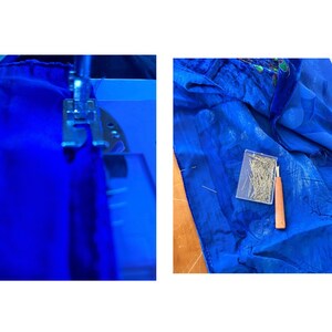 May include: Close-up of a sewing machine needle stitching a seam in a royal blue fabric. A separate image shows a blue fabric with a box of sewing pins and a seam ripper.