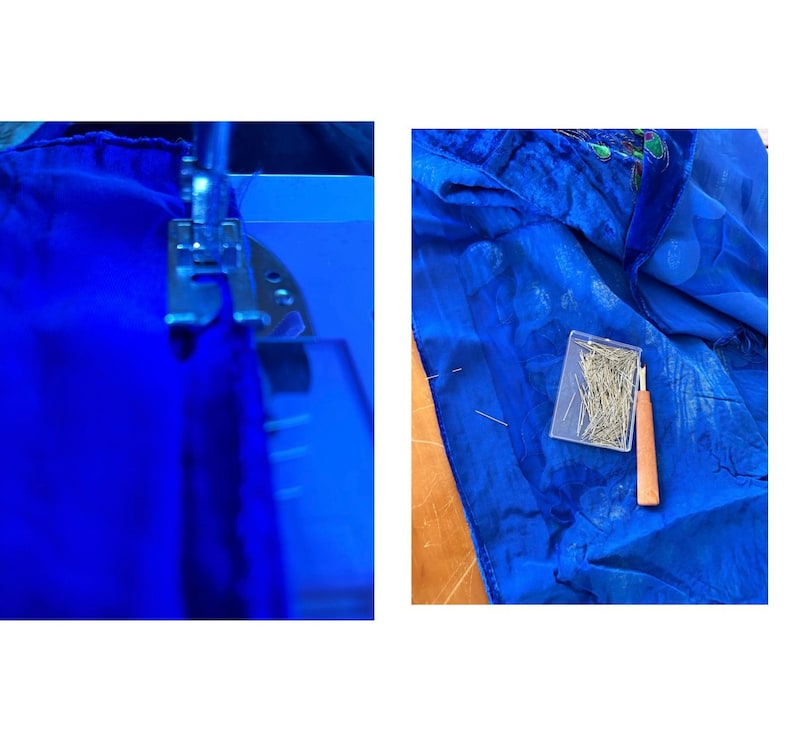 May include: Close-up of a sewing machine needle stitching a seam in a royal blue fabric. A separate image shows a blue fabric with a box of sewing pins and a seam ripper.