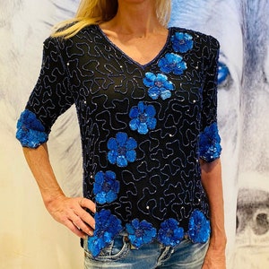 Wunderschönes Pailletten Top, Pailletten top, blau, schwarz, Medium