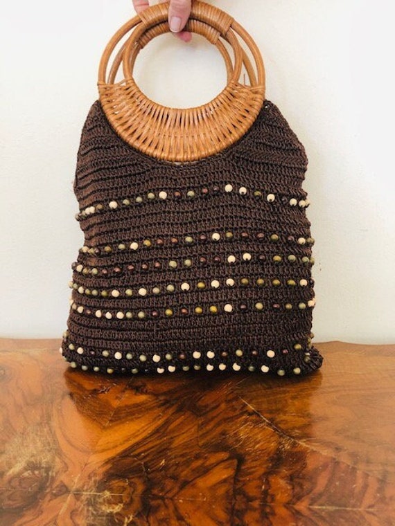 Brown Knit Purse, Beaded, Wood Beads, Rattan, Wicker Candle Covers 