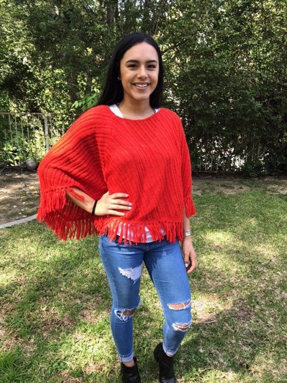 Poncho top, knit poncho, Orange, Fringed poncho