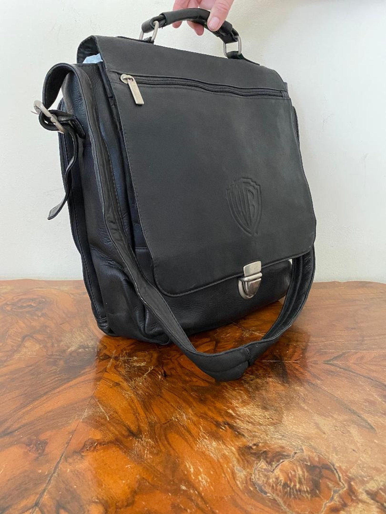 Large Black Leather Messenger Bag Organizer Bagwarner Etsy