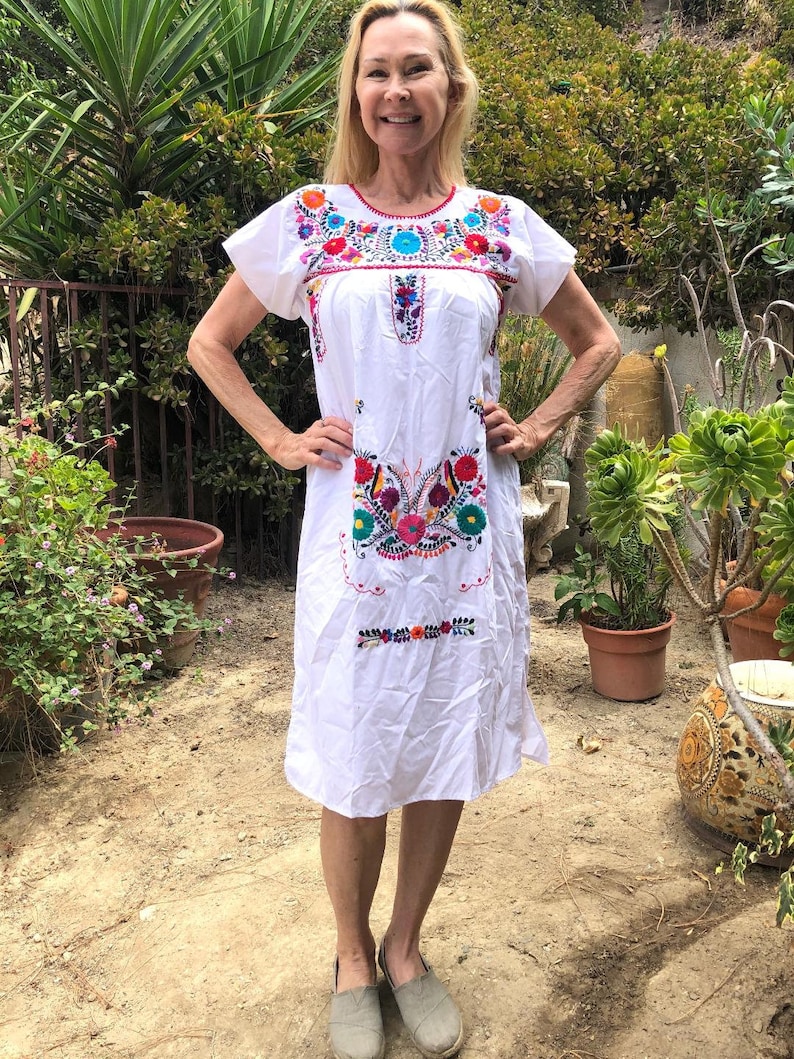 Oaxaca dress, Mexican dress,Small,S, Indian dress,Muumuu dress,embroidered, dress,white cotton dress,Puebla dress image 1