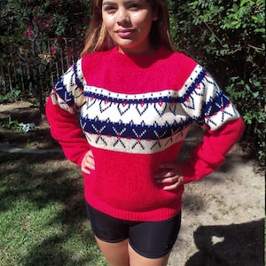 Fir,Red winter sweater,ski sweater,medium,1950s,JC Penny's