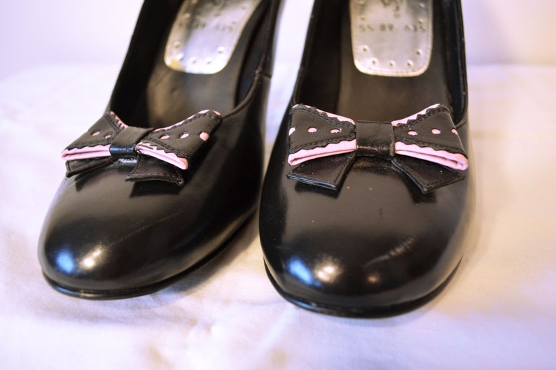 Size 25.5,8 Leather uppers Heels Shoes Pink Bow Black Baby Doll heels,Mary Jane Black