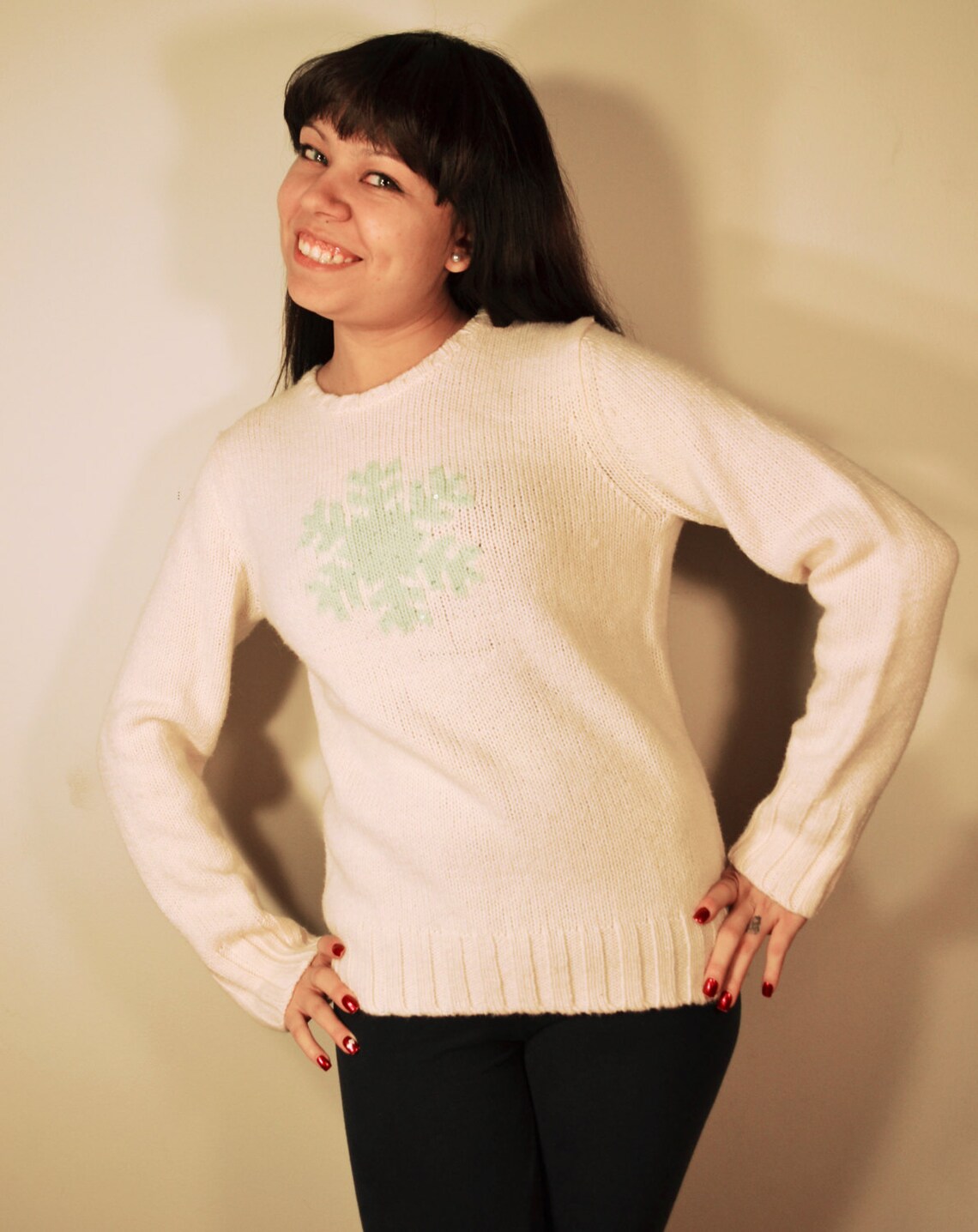 Snowflake Christmas Sweater Medium White Sweaterblue Sequin - Etsy New Zealand