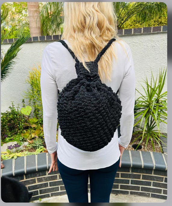 Backpack Bag, Black, Knit, Backpack, macramé back… - image 1