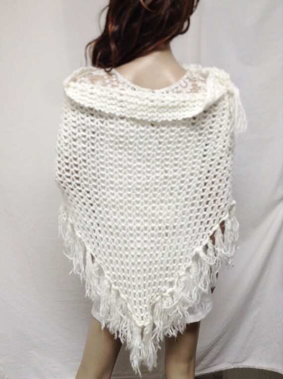White Knit Shawl, Fringed Wrap - Etsy