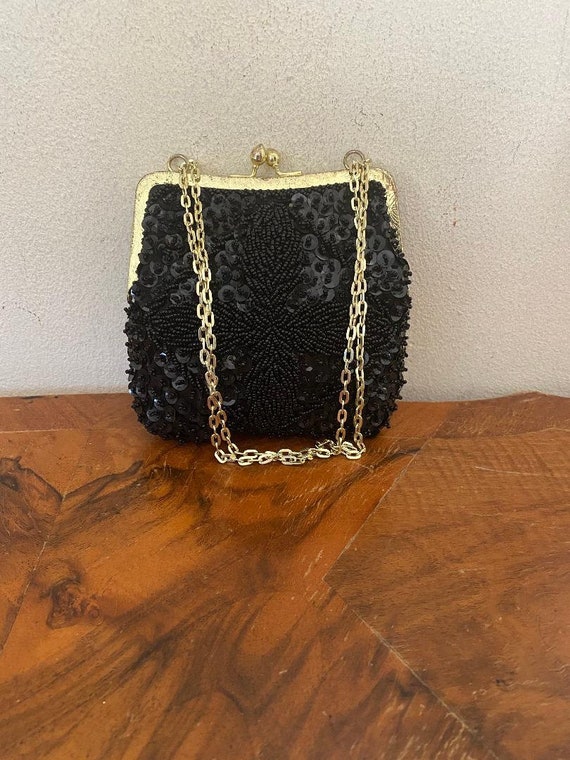 Vintage Black Velvet and Beaded Purse With Fringe by La Regale 