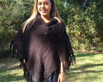 Poncho top, black, knit poncho, one size, fringed poncho