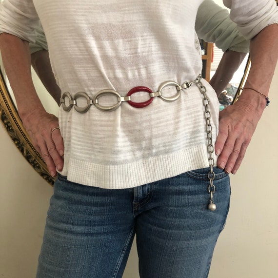 Retro chain belt, pewter tone, red, boho belt - image 2