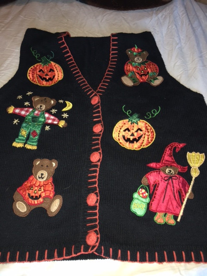 Halloween sweater vest medium black orange beaded vest Etsy