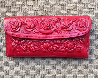 Red Leather Wallet, Roses,tooled leather,red rose,rose wallet