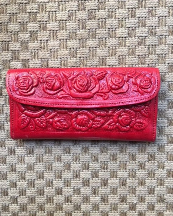 Red Leather Wallet, Roses,tooled leather,red rose,