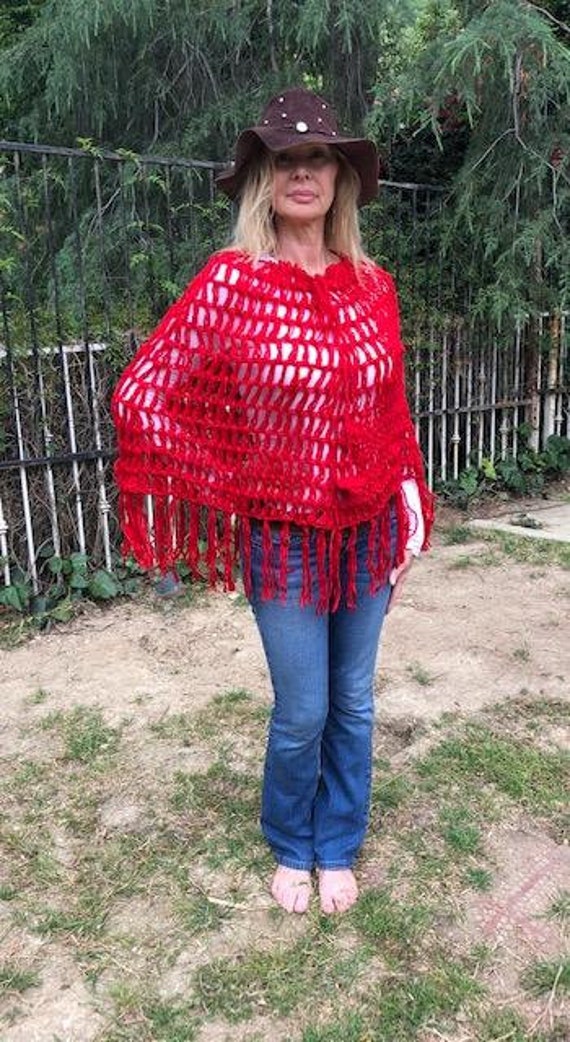 Poncho top,Knit Poncho,red,red poncho, Soft, Frin… - image 2